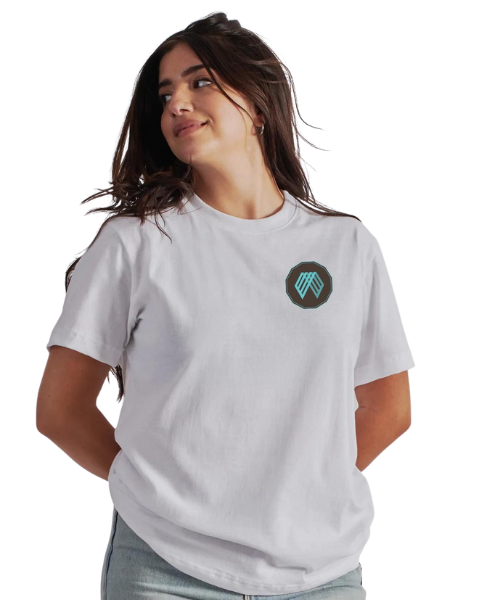 Girl wearing a whiite shirt with small Six Twenty Six logo on the chest